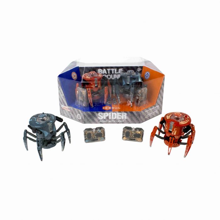 Two hexbug junkbot robots, one blue and one orange, in a box for 409-5122