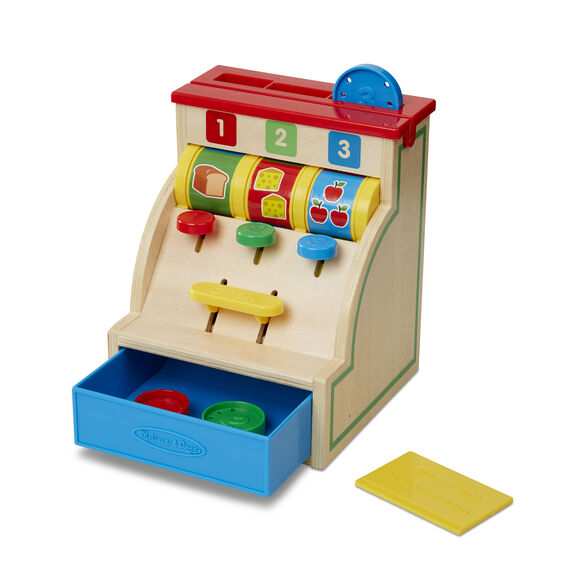 Toy cash register with numbered slots and play money for Melissa and Doug 3378
