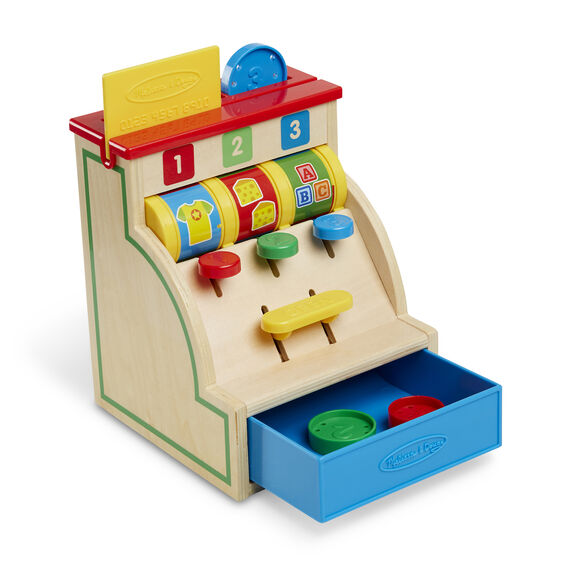 Wooden toy cash register with numbered dials and play accessories for Melissa and Doug 3378