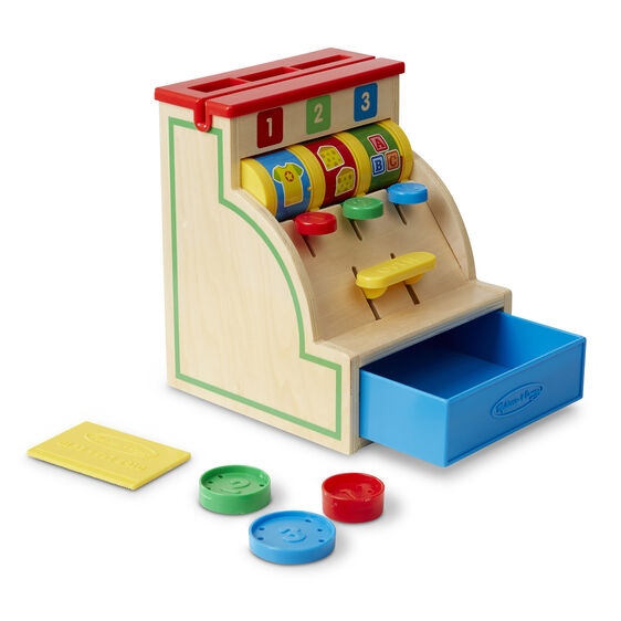 Wooden toy cash register with play buttons and drawer for Melissa and Doug 3378