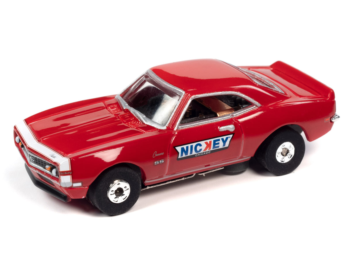 Red slot car with "NICKEY" decal, ready for slot car racing for Auto World SRS337