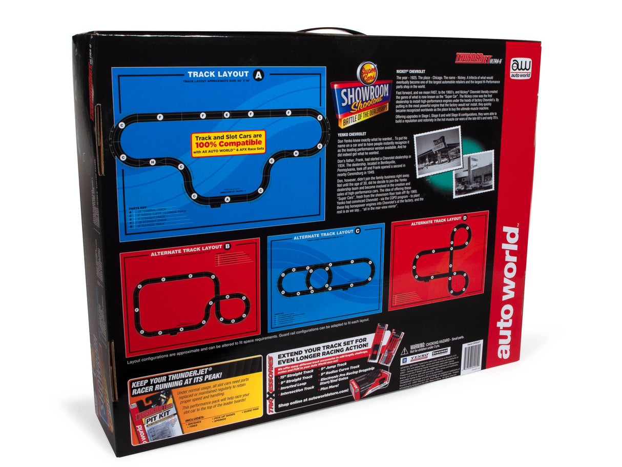 Race track layout options for a slot car set for Auto World SRS337