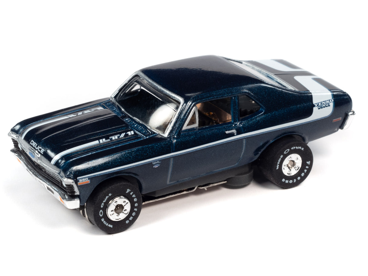 Dark blue slot car model with white racing stripes for Auto World SRS337