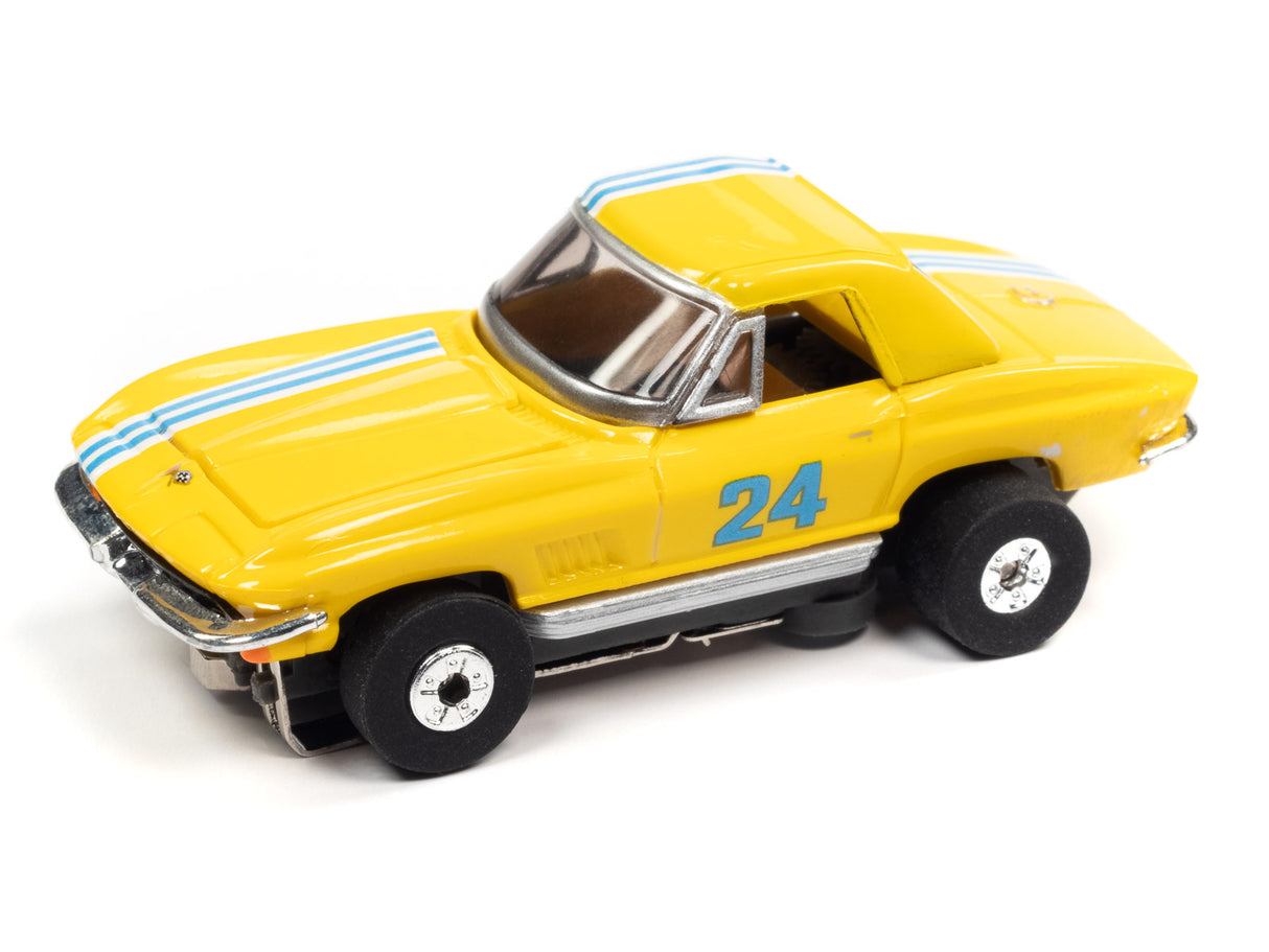 Yellow race car toy with blue stripes and the number 24 for Auto World SRS341