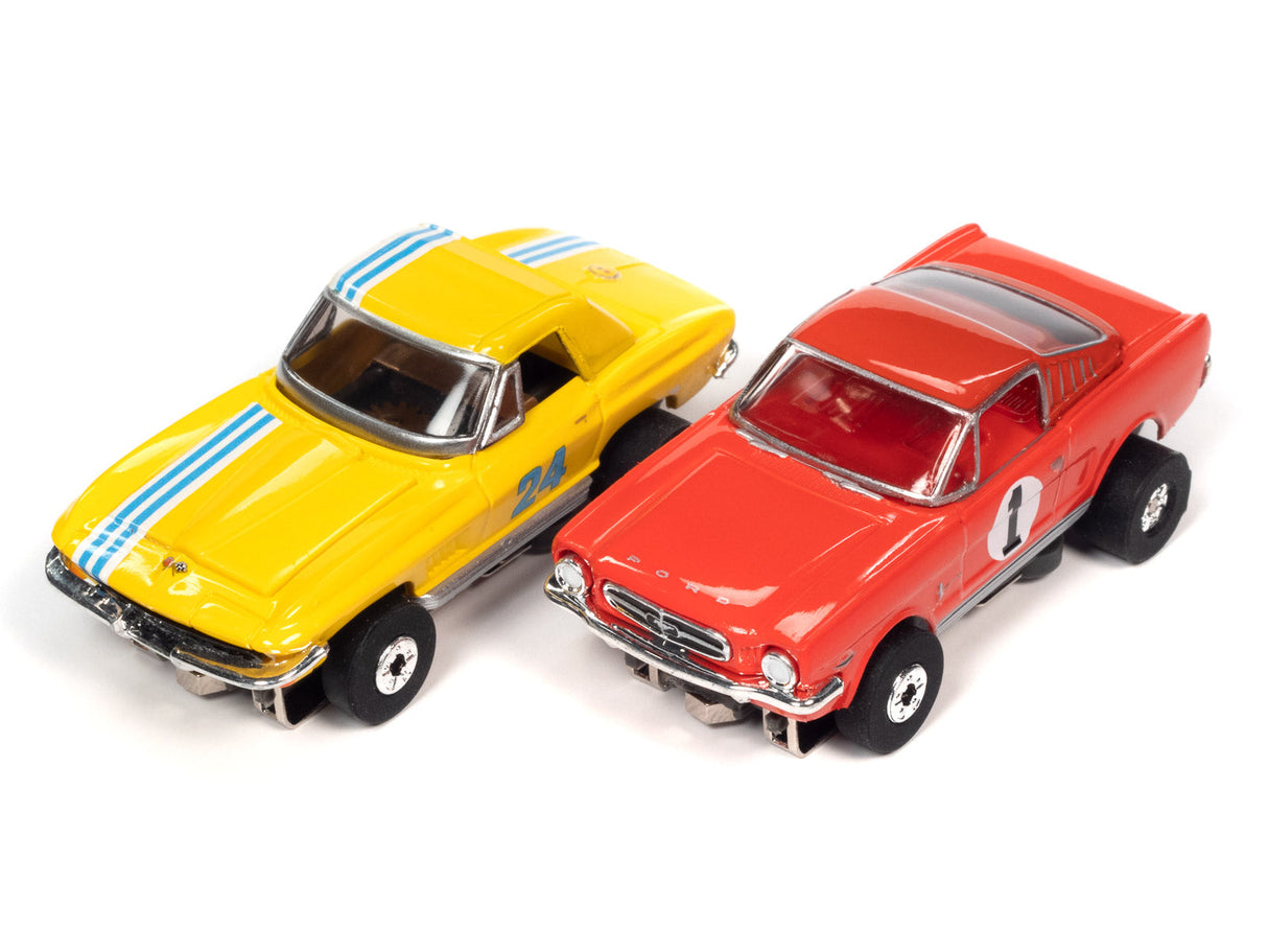 Yellow Mustang Fastback and red Corvette slot cars for Auto World SRS341SC