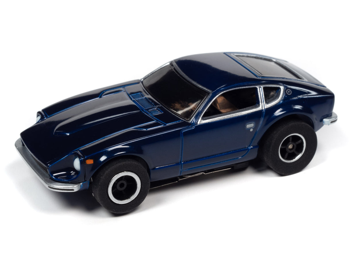 Dark blue slot car racer viewed from the side for Auto World SRS342