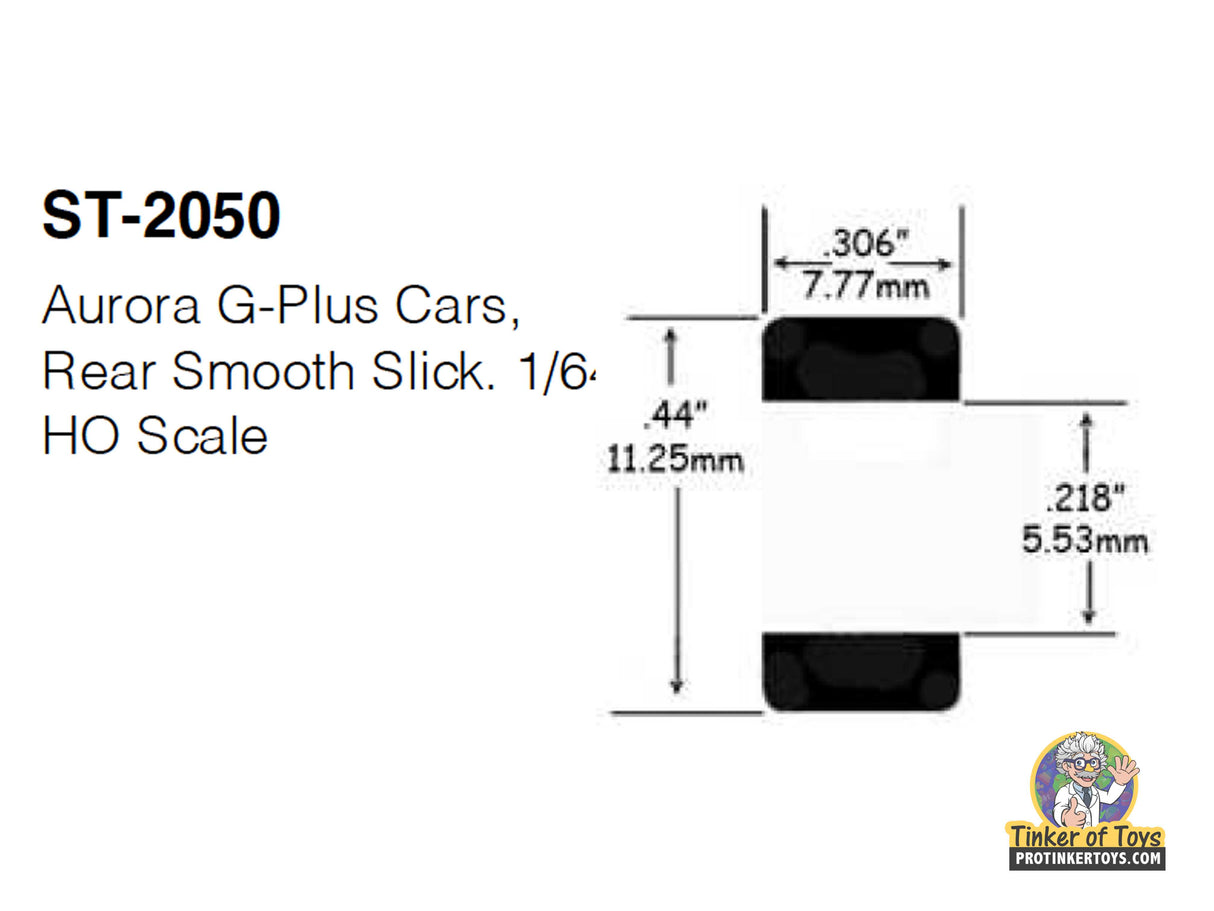 Dimensions for ST-2050 Aurora G-Plus rear smooth slick wheels, 1/64 HO scale