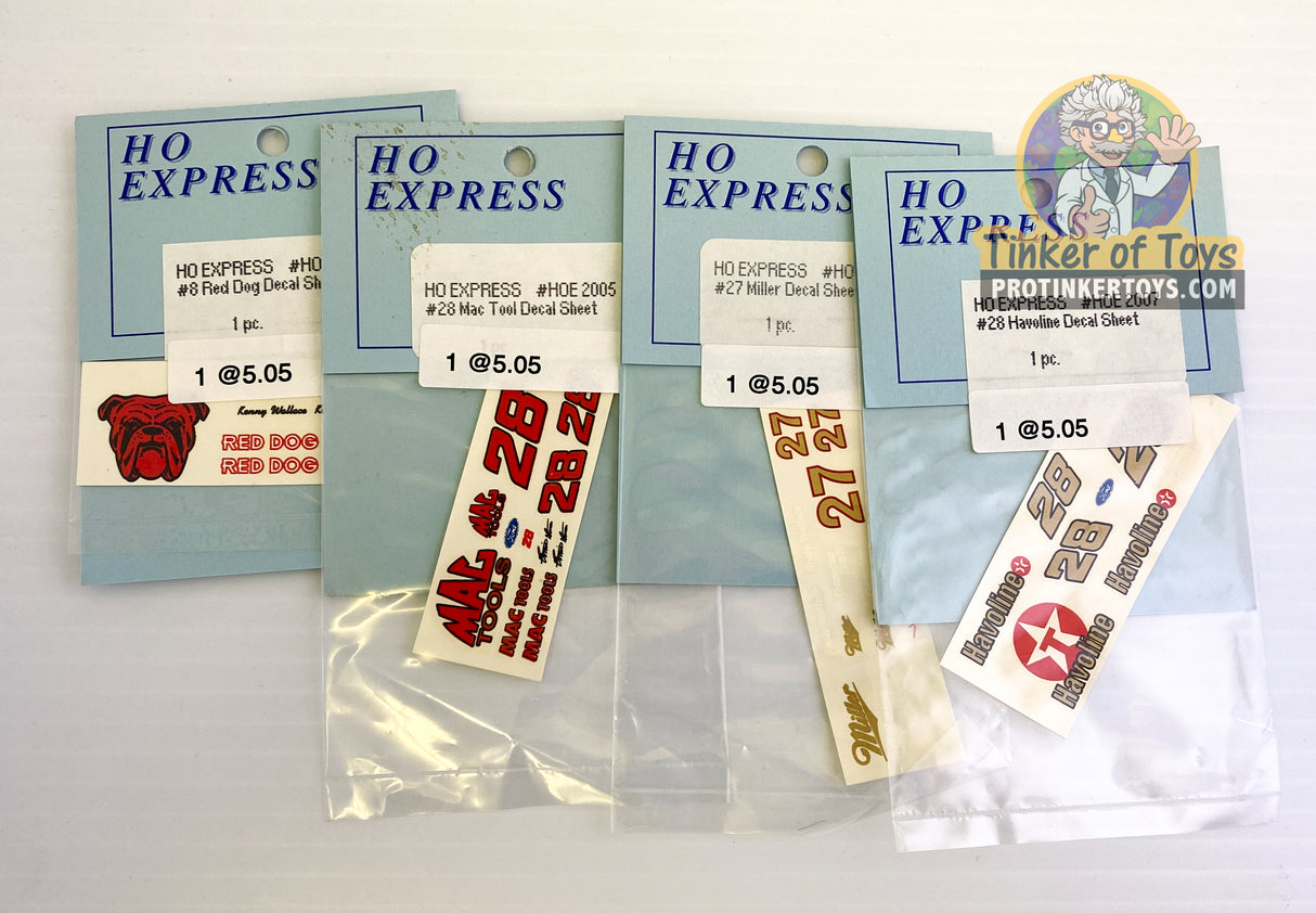Assortment of HO Express slot car decals from 2000-2009