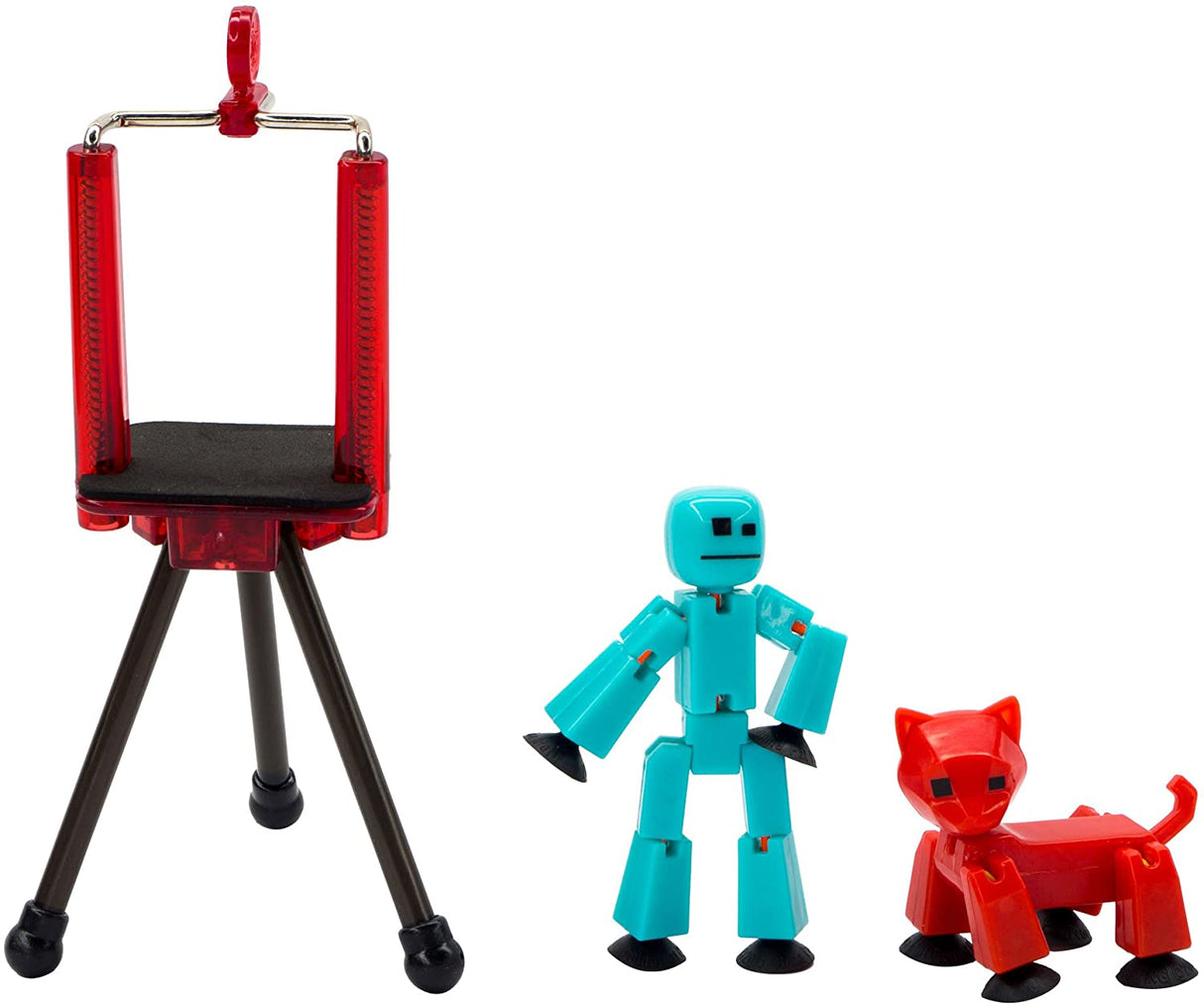 Tripod stand, blue robot figure, and red dog toy set for StikBot TST615A
