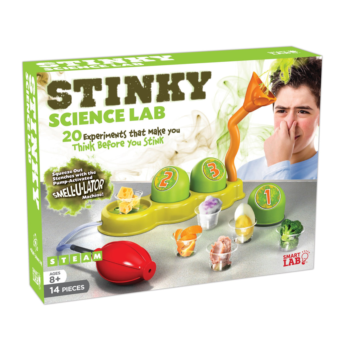 Science lab kit box showing stink-making experiments and a boy reacting to a smell for Smart Lab 00606