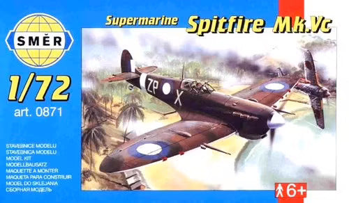 Spitfire Mk.Vc model kit box art showing the aircraft in flight for SMER 0871