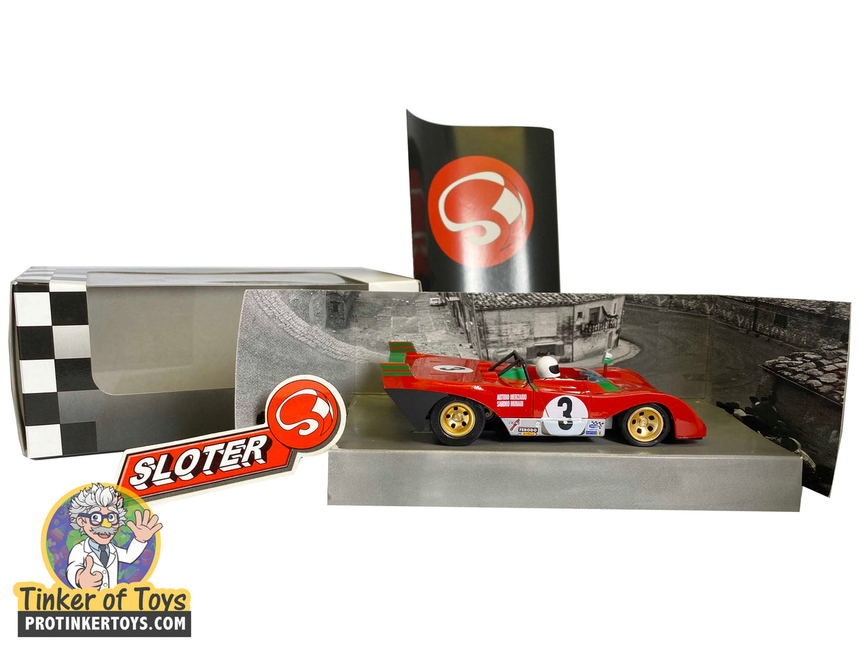 Red vintage race car display set with Targa Florio theme for Sloter 400105