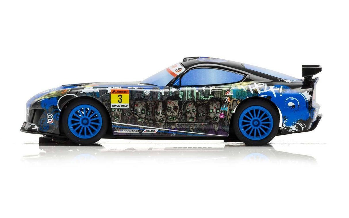 Blue and black race car with zombie comic book graphics for Scalextric C3959, front view