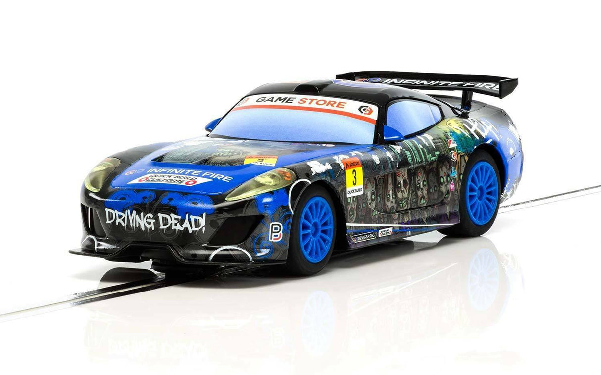 Blue and black race car with zombie comic book graphics for Scalextric C3959, rear view