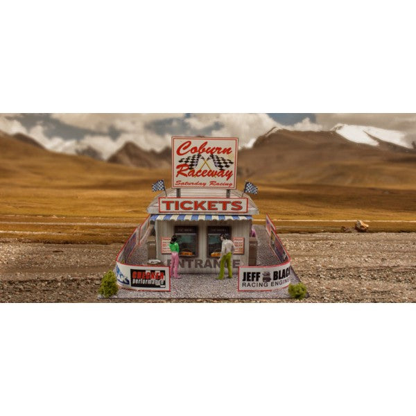 Model kit of a racetrack ticket and gate entrance booth for Innovative Hobby Supply BK4806