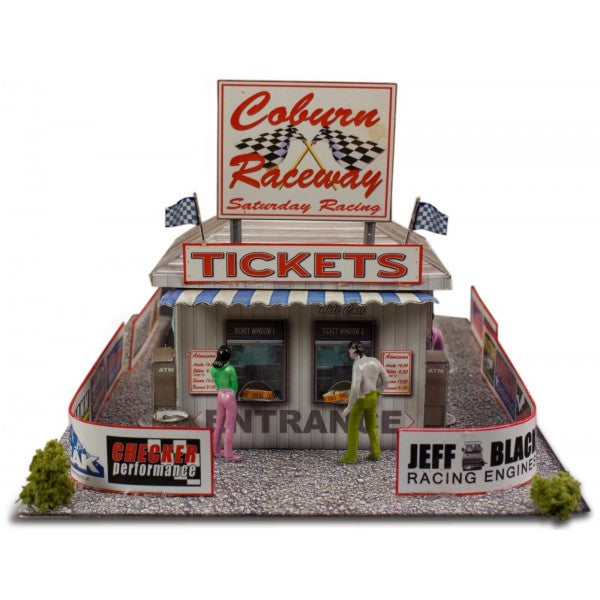 Race track ticket booth model kit with entrance and signage for Innovative Hobby Supply BK6406