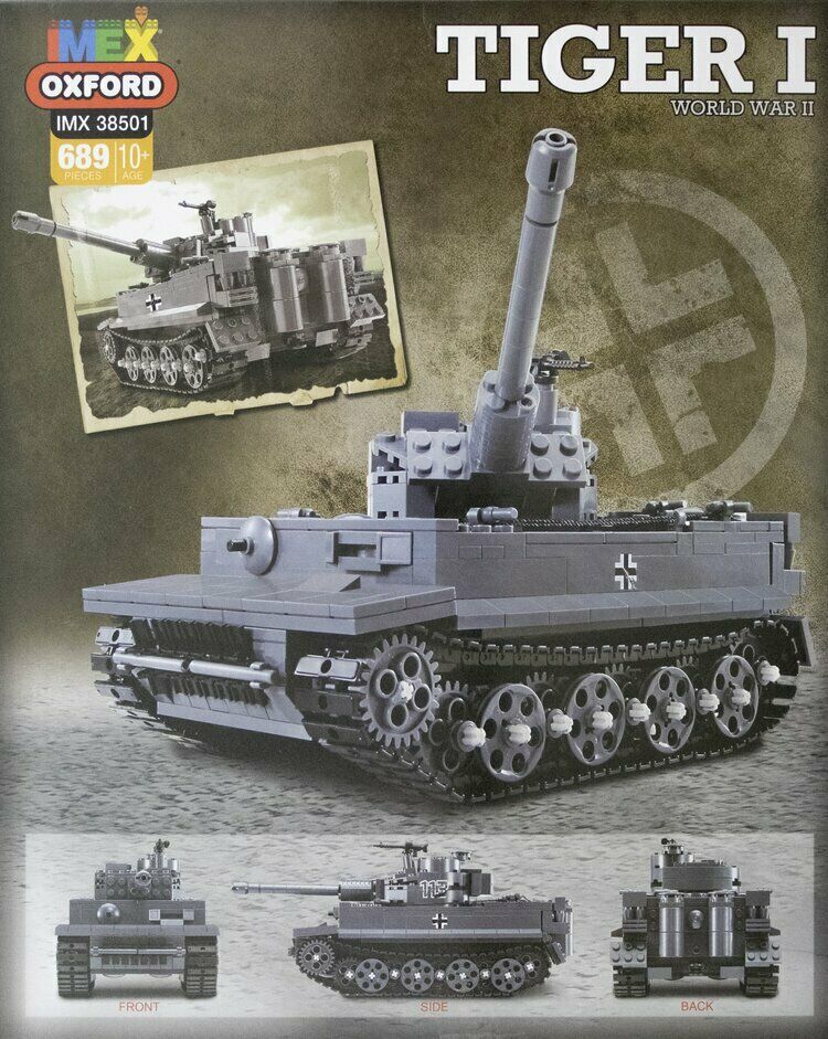 Lego model of a Tiger I tank from World War II, shown from multiple angles for Oxford OXF38501