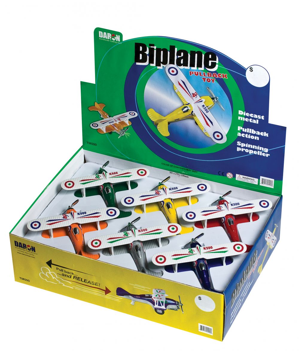 Assortment of colorful diecast biplanes for pulling back action play for Daron TM500