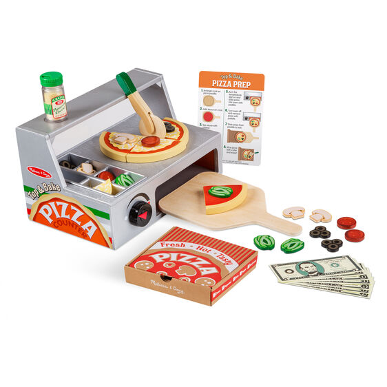Wooden pizza play set with counter, food pieces, and accessories for role-play for Melissa and Doug 9465