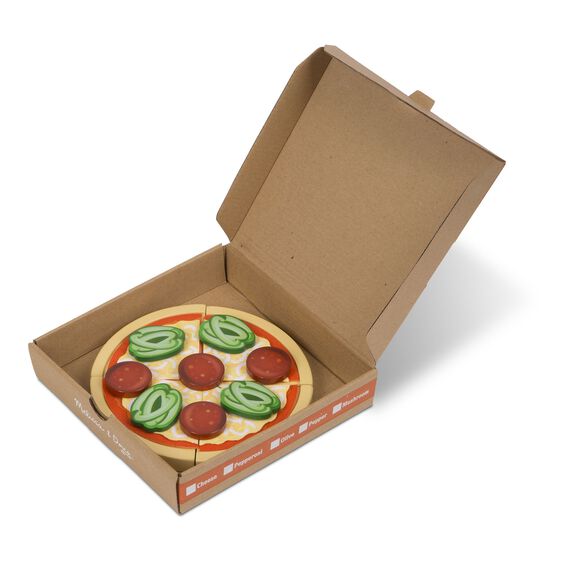 Wooden play food pizza set with toppings in an open box for Melissa and Doug 9465