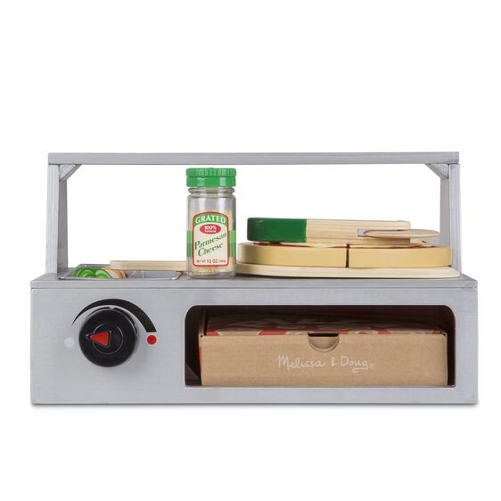 Wooden play food pizza counter with accessories for pretend play for Melissa and Doug 9465