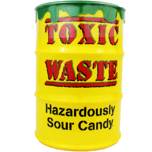 Yellow drum labeled "TOXIC WASTE" with "HAZARDOUSLY SOUR CANDY." for Mountain sweets 00189