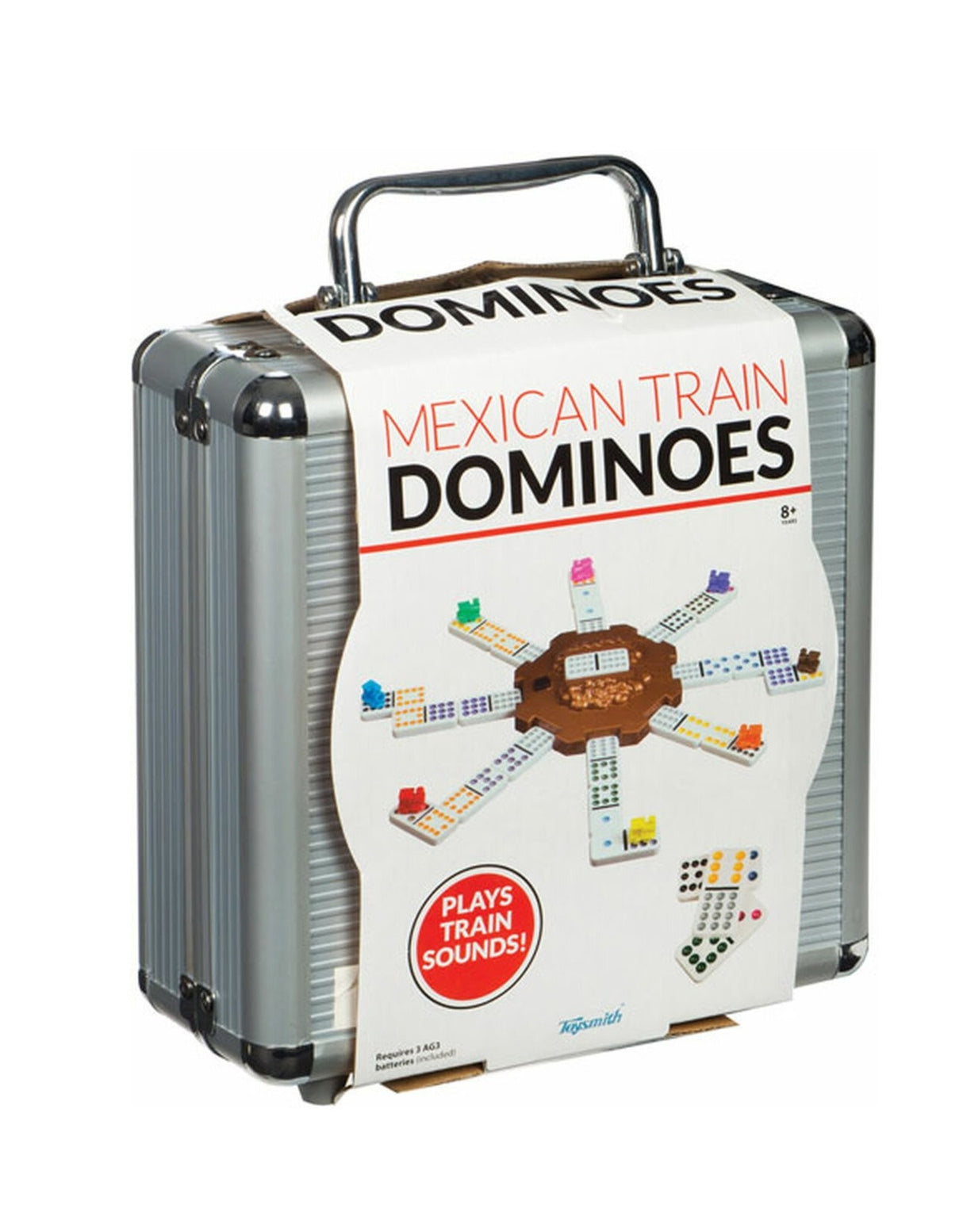 Dominoes game in a silver tin case with colorful train layout for Toy Smith 8878