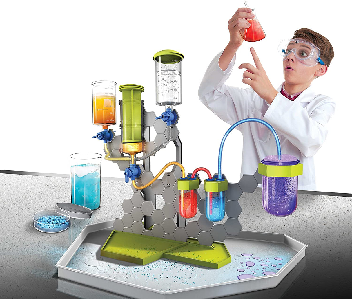 Child scientist mixes colorful liquids in a chemistry lab station for Smart Lab 00484