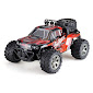 Red and black remote control monster truck with large off-road tires for Banggood Toys 58679, rear view