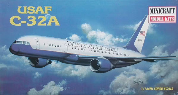 USAF C-32A model kit box art showing the aircraft flying in the sky for Minicraft