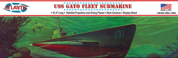Model kit box art showing a submarine, the USS Gato, in a green underwater scene for Atlantis Model Co ALM743