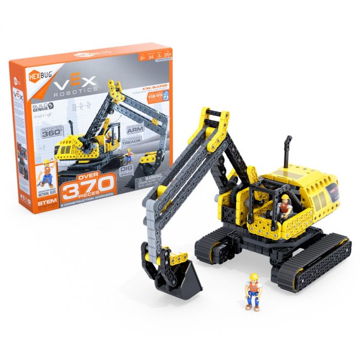 Yellow robotic excavator toy with small figure, box visible for HexBug 406-7608