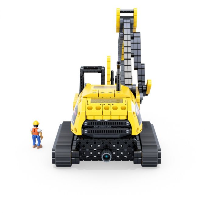 Yellow robotic excavator with articulated arm and small figure nearby for HexBug 406-7608