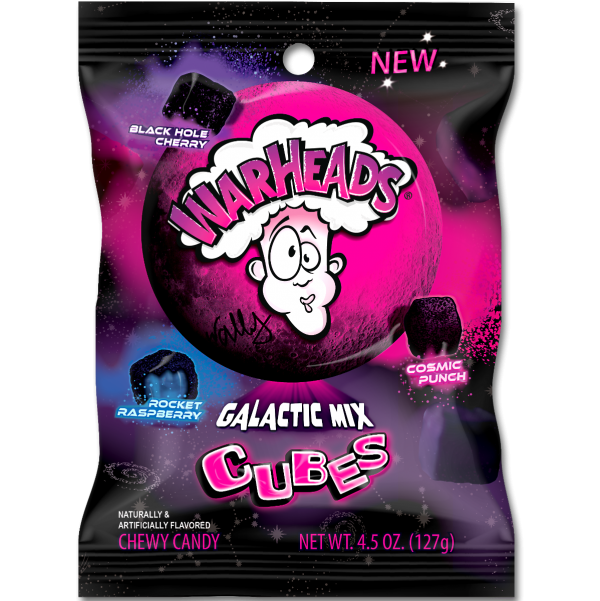 Assorted colored, chewy candy cubes in a black and pink wrapper for Nassau Candy 47283