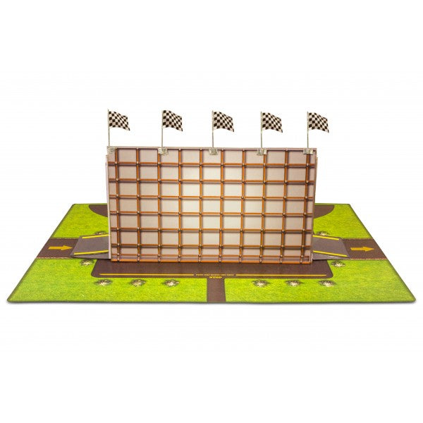 Model kit of a winner's podium with checkered flags on a green base for Innovative Hobby Supply BK6427