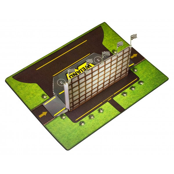 Model kit of a winner's podium on a green base with checkered flags for Innovative Hobby Supply BK6427