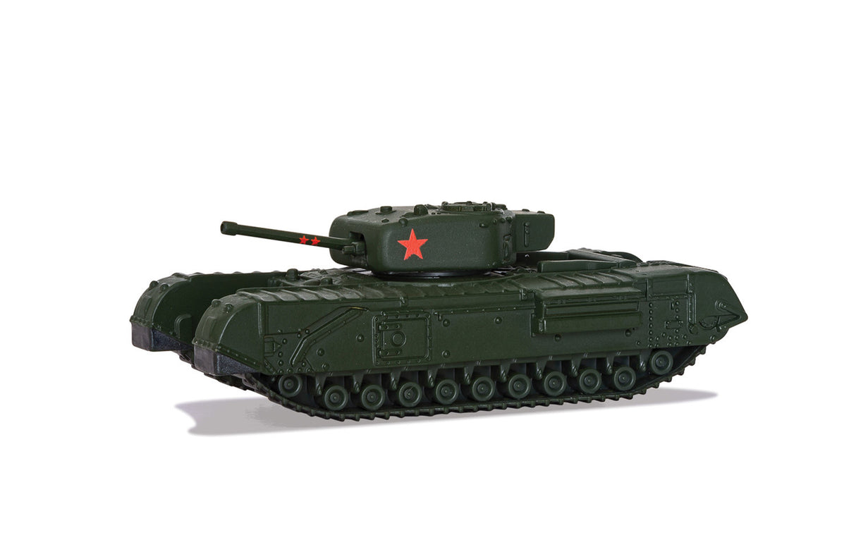 Green toy tank toy with a red star marking on the turret for Corgi WT91204, front view