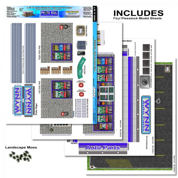 Model kit sheets for building a detailed auto parts store facade for Innovative Hobby Supply BK6435