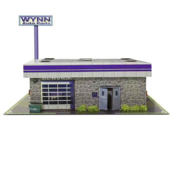 Model kit of an auto parts store with signage and detailed facade for Innovative Hobby Supply BK6435