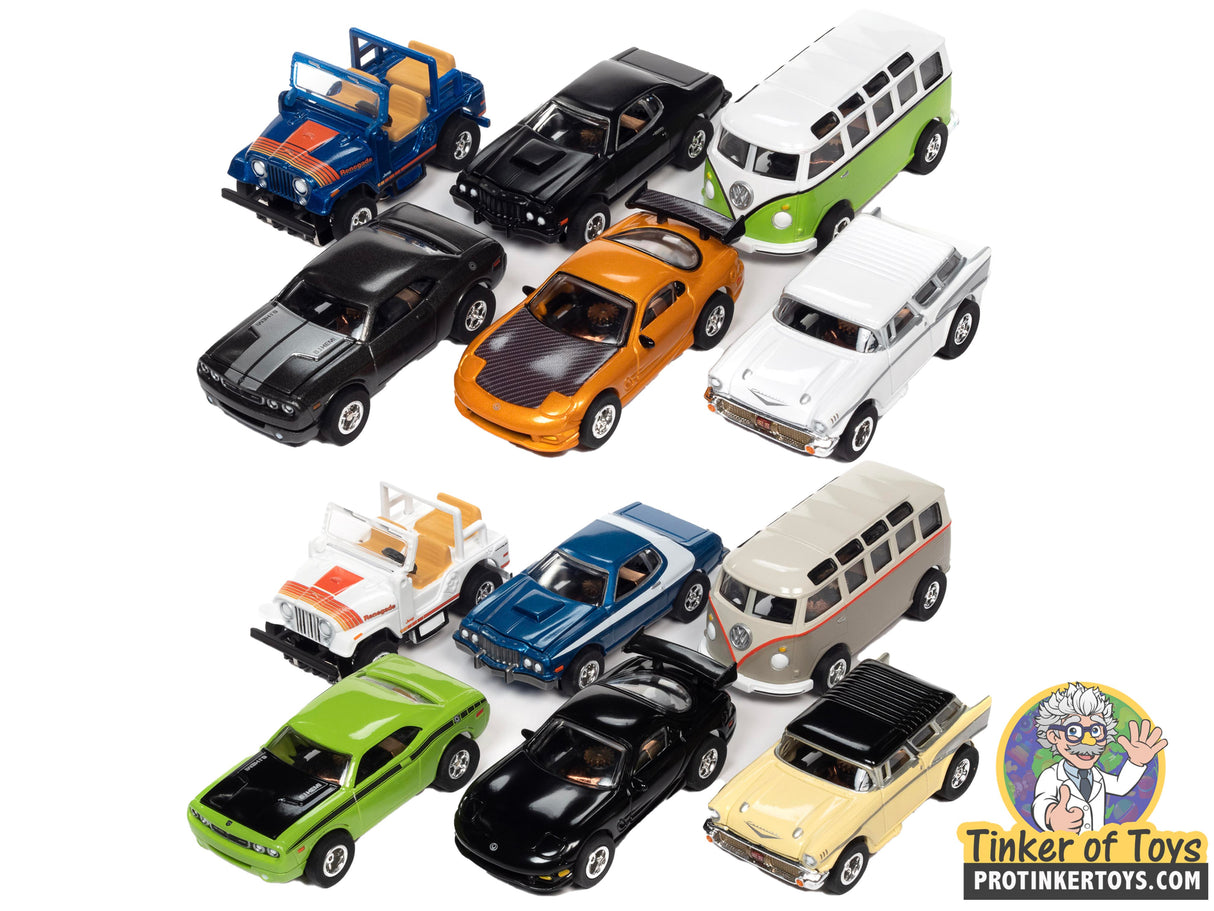 Assortment of slot car toy vehicles in various colors and styles for Auto World SC368