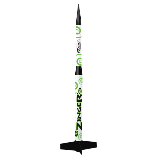 Model rocket kit with black and green striped body and launch stand for Estes 2433