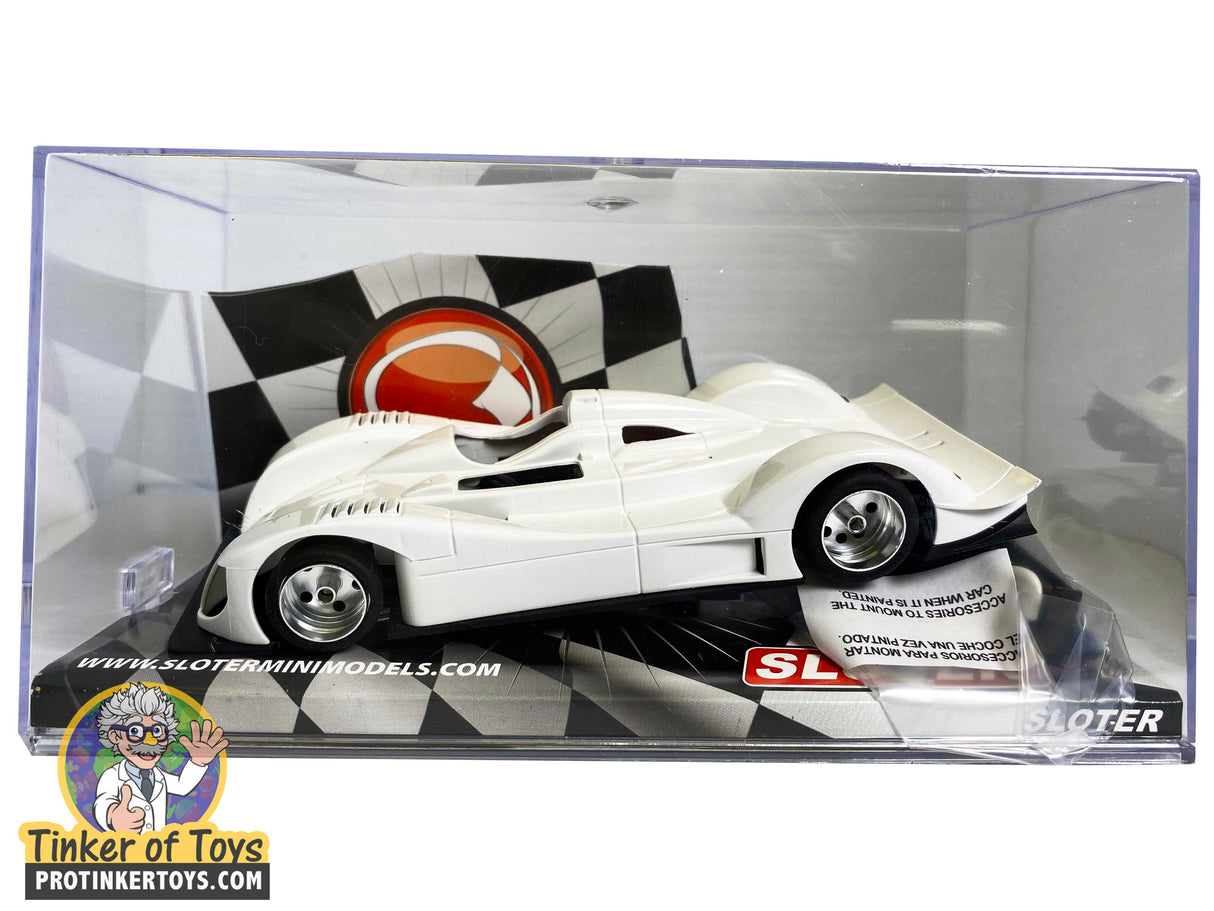 White race car kit in box with black and white checkered pattern for Sloter 430104