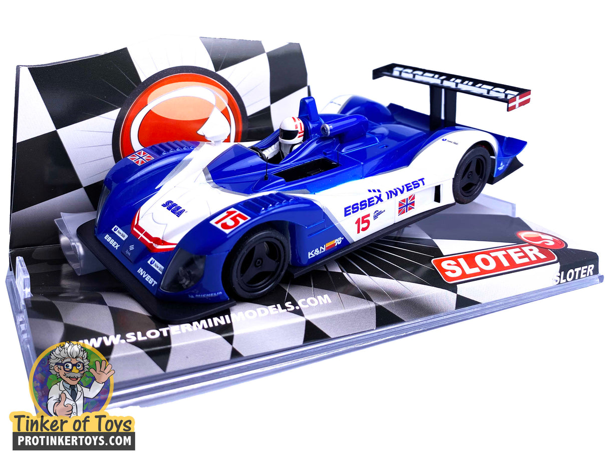 Blue and white race car model on a checkered flag base for Sloter 9524