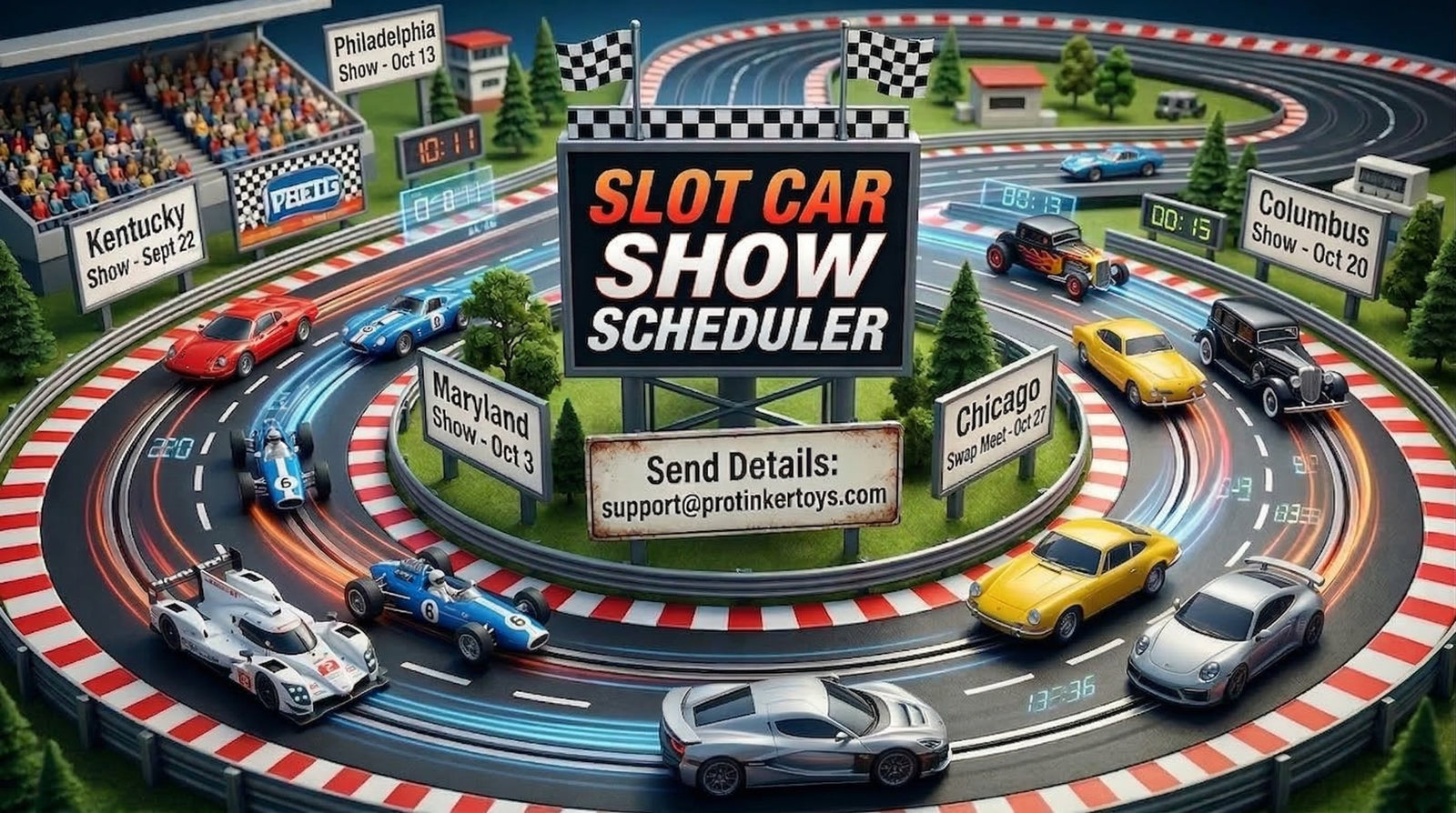 Ho Slot Cars running around a sign 