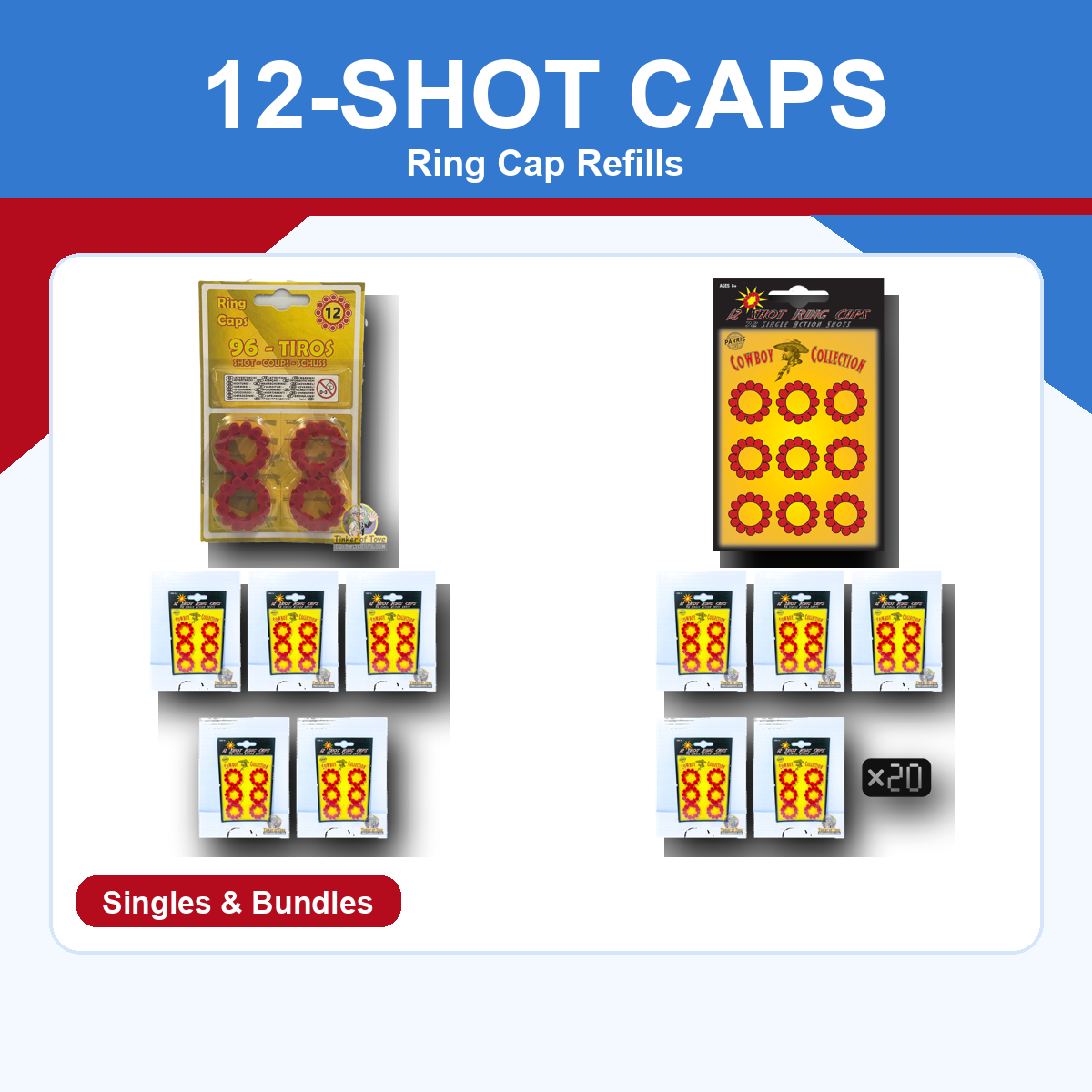 12-shot ring cap refill packs and bundle packs on a blue and red ProTinkerToys collection card