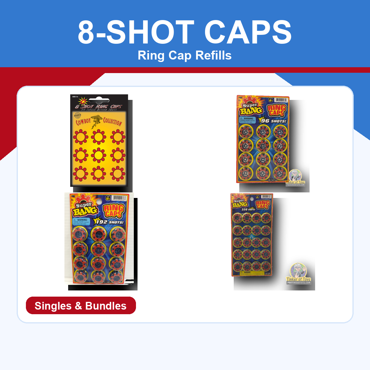 8-shot ring cap refill packs and bundle packs on a blue and red ProTinkerToys collection card