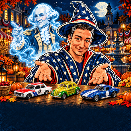 Guts & Glory 10 percent off colonial-square artwork with three small Auto World HO cars: BRE Datsun 510, Turtle Wax Beetle, and blue white Corvette Grand Sport
