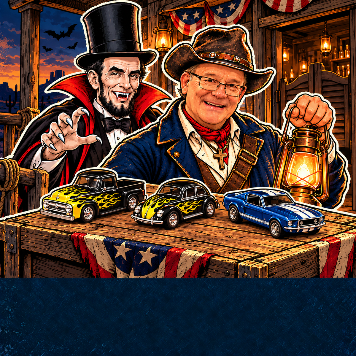 Guts & Glory 20 percent off saloon artwork with three small Auto World HO cars: black yellow-flame Ford F-100, black yellow-flame Beetle, and blue Shelby GT-500