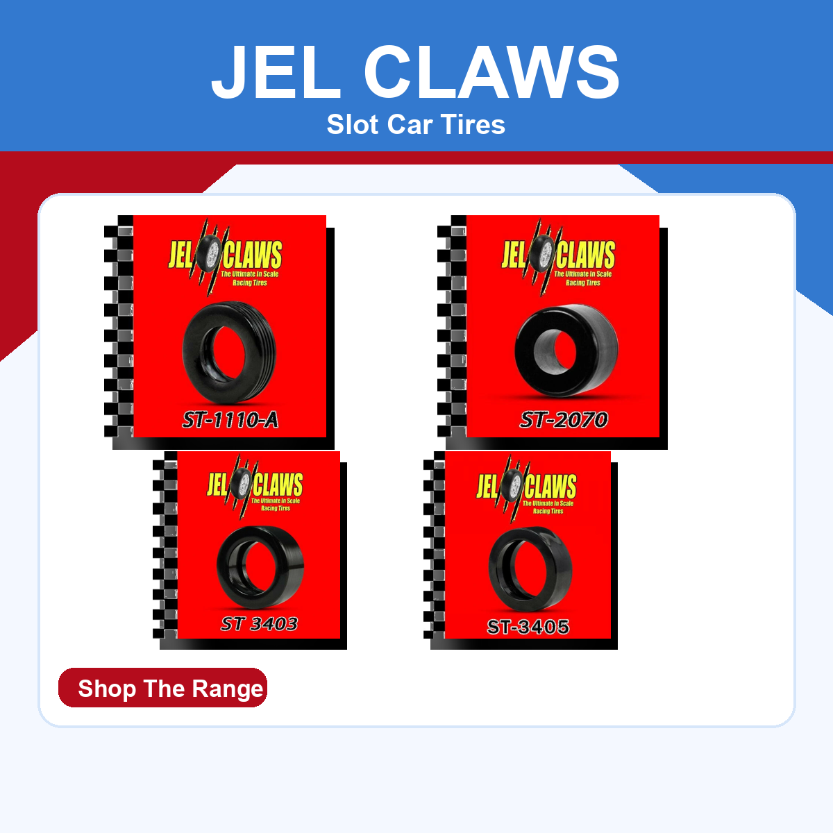 Jel Claws slot car tires on a blue and red ProTinkerToys collection card
