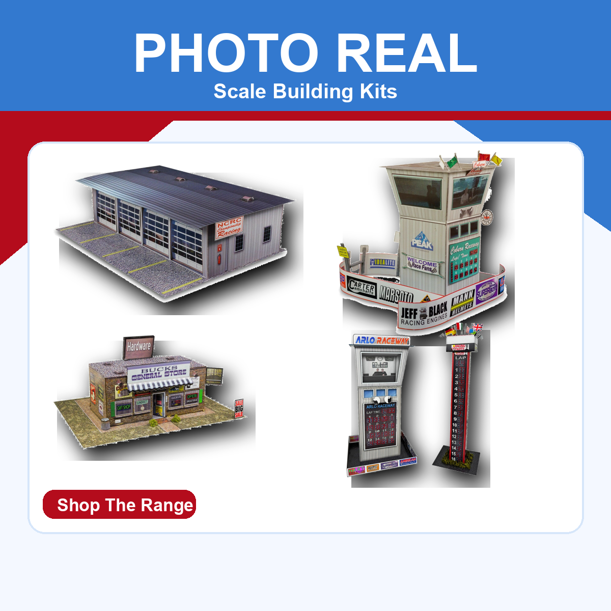 Photo Real scale building kits on a blue and red ProTinkerToys collection card
